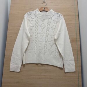 Lord Isaac Cream Pointelle Mock Neck Sweater Womens Medium Diamond Knit 6001
